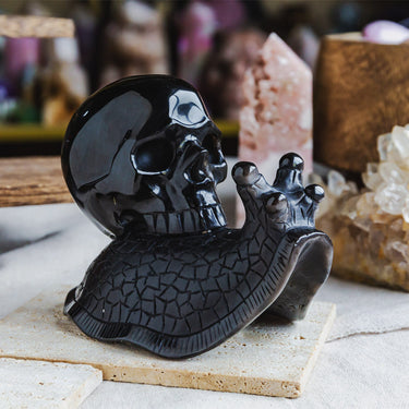 Silver Obsidian Skull With Snail