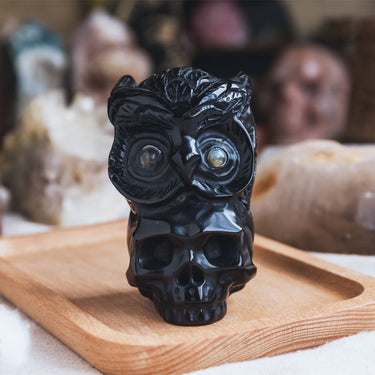 Black Obsidian Skull With Owl