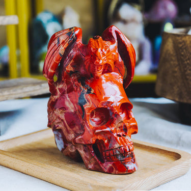 Red Jasper Skull With Flying Dragon