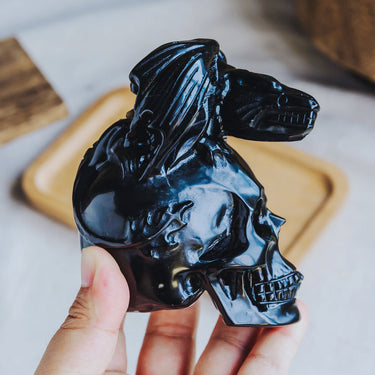 Black Obsidian Skull With Flying Dragon