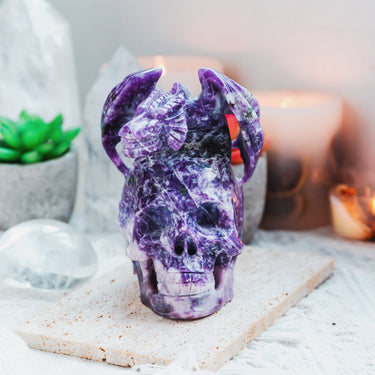 Lepidolite Skull With Flying Dragon