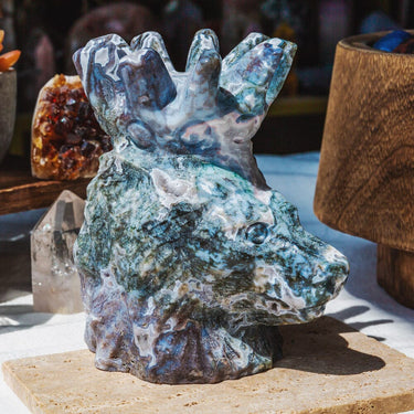 Moss Agate Lion Head