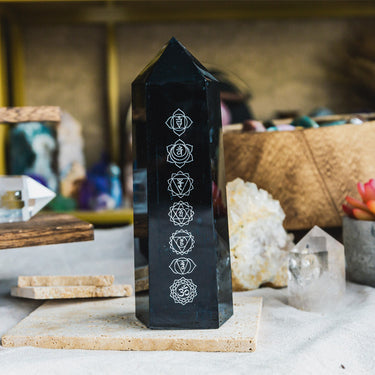 Black Obsidian With Seven Chakras Phase Tower