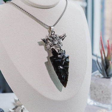 Punk Style Skull Head With Black Obsidian Sword Necklace Pendant