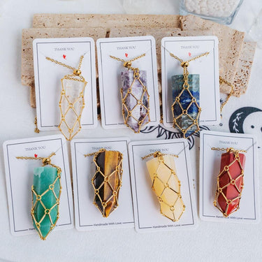 Gold Natural Crystal Net Metal Bamboo Necklace【Point/Tumbled】