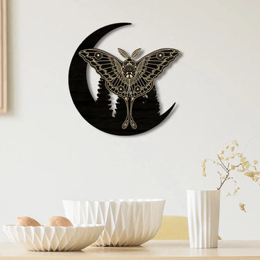 Crescent Moon Moth Wooden Wall Decor